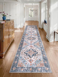 SERISSA Runner Rug for Hallways, 2'6"x12' Washable Non Slip Kitchen Runner Rug, Extra Long Boho Rug Ultra Soft Vintage Blue Orange Floor Carpet for Bedroom Hallway Entryway Bathroom Laundry Room
