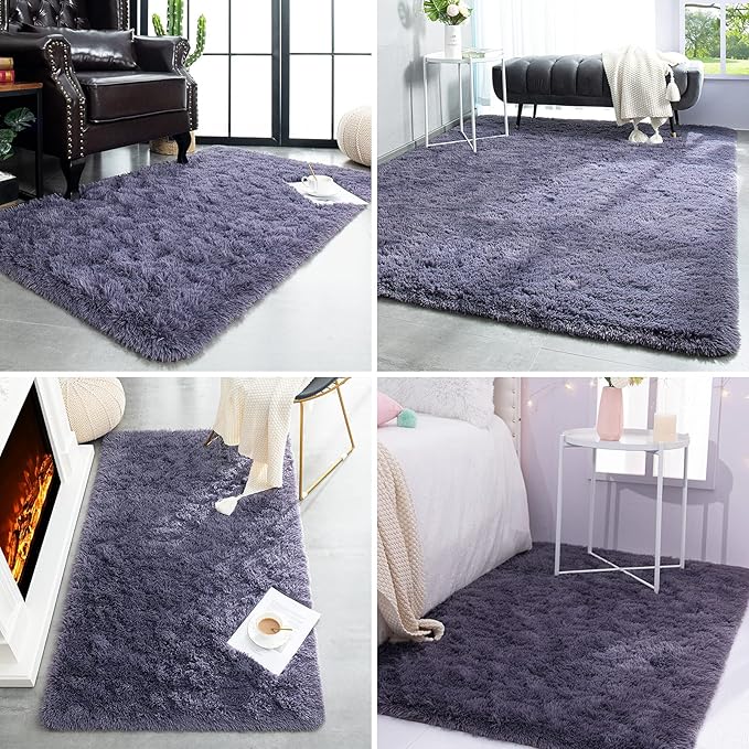 TWINNIS Super Soft Shaggy Rugs Fluffy Carpets 3x5 Feet, Indoor Modern Plush Area Rugs for Living Room Bedroom Kids Room Nursery Home Decor, Upgrade Anti-Skid Rectangular Fuzzy Rug, Grey Purple