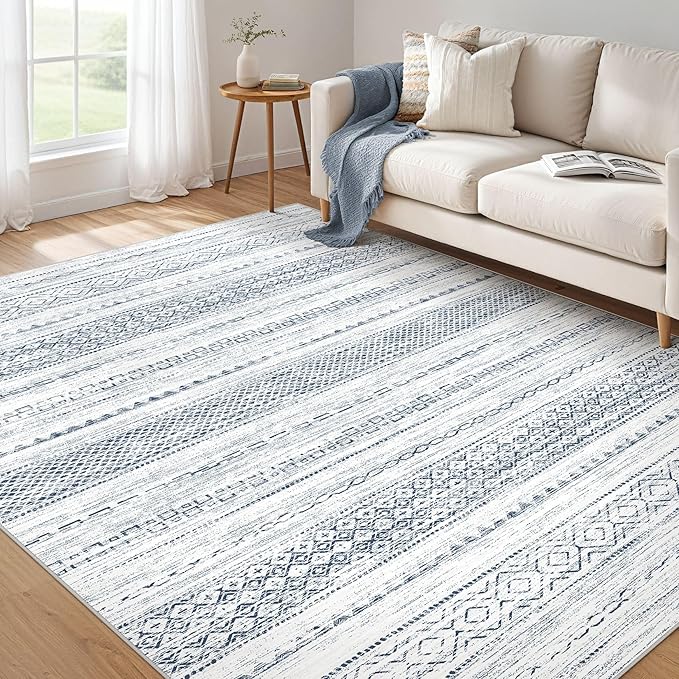 Nakagishi 6x9 Area Rugs Living Room: Washable Boho Large Neutral Soft Farmhouse Rug Stain Resistant Modern Indoor Floor Non-Slip Carpet for Bedroom Nursery Playroom Office Dining Room Dorm-White Blue