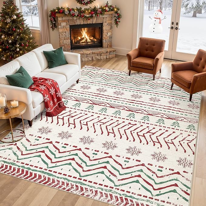 Nakagishi Christmas Rugs: 8x10 Washable Boho Large Neutral Soft Rug Stain Resistant Modern Indoor Floor Non-Slip Carpet for Bedroom Nursery Kids Playroom Office Dining Room Dorm