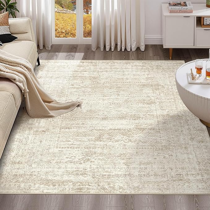UERMEI Square Area Rugs : Washable 6x6 Neutral Modern Abstract Carpet for Living Room Bedroom - Soft Floor Mat with Non Slip Backing for Kitchen Nursery Dorms Farmhouse Home Decor - Beige/Brown