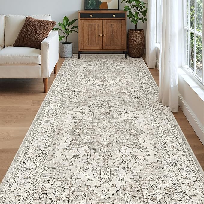 Madane 4x10 Wide Hallway Runner Rug: Washable Soft Rug Runners for Living Room Bedroom, Stain Resistant Low Pile Area Rugs Non Slip Floor Carpet for Ktichen (Beige/Brown, 4x10)
