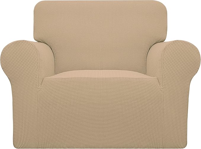 Easy-Going Stretch Chair Sofa Slipcover 1-Piece Couch Sofa Cover Furniture Protector Soft with Elastic Bottom for Kids, Pet. Spandex Jacquard Fabric Small Checks (Chair, Sand)