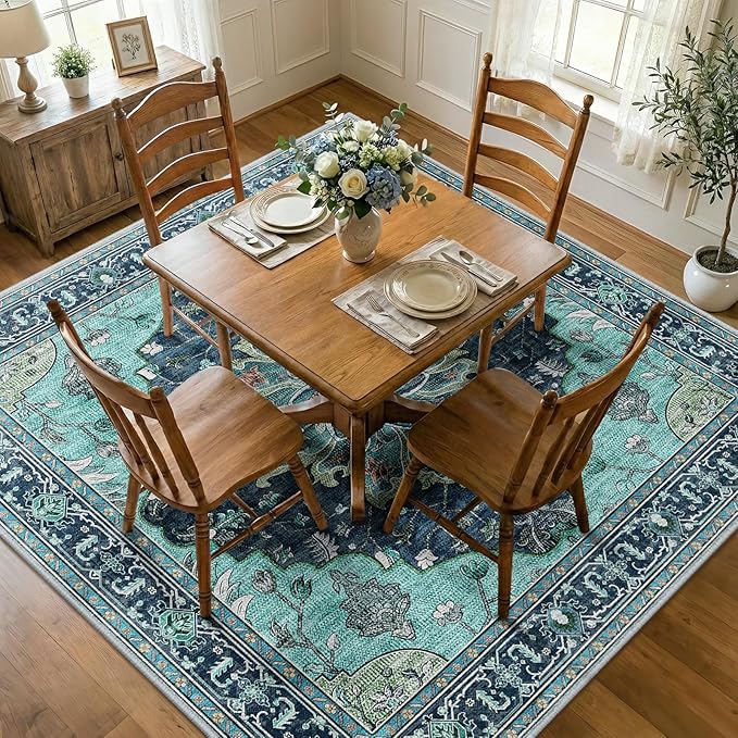 RELEANY Area Rugs Square 7ft Washable Non-Slip, Floral Vintage Distress Print Pattern Medallion Carpet for Living Room Bedroom Dining Room, Teal Green Lake Blue Turquoise