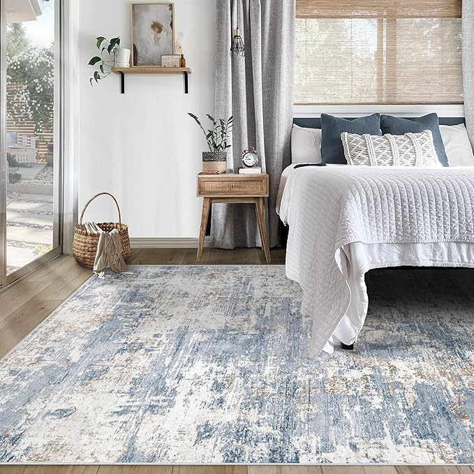 XLUEZ 5x7 Area Rugs for Living Room, Washable Modern Abstract Large Area Rug Neutral Soft Non Slip Kids Rug Stain Resistant Indoor Carpet for Bedroom Nursery Dining Room Playroom(Blue, 5'x7')