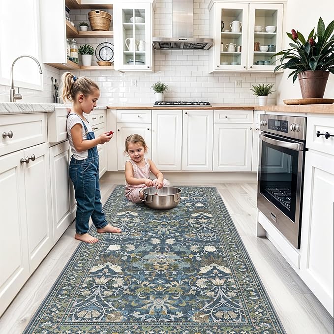 4x8 Washable Kitchen Area Rug: Farmhouse Stain-Resistant Elegant Floral Rug for Living Room Bedroom Wide Soft Carpet for Entryway Bathroom Thin Hallway Floor Mat with Non Slip Backing(4x8,Floral/Blue)