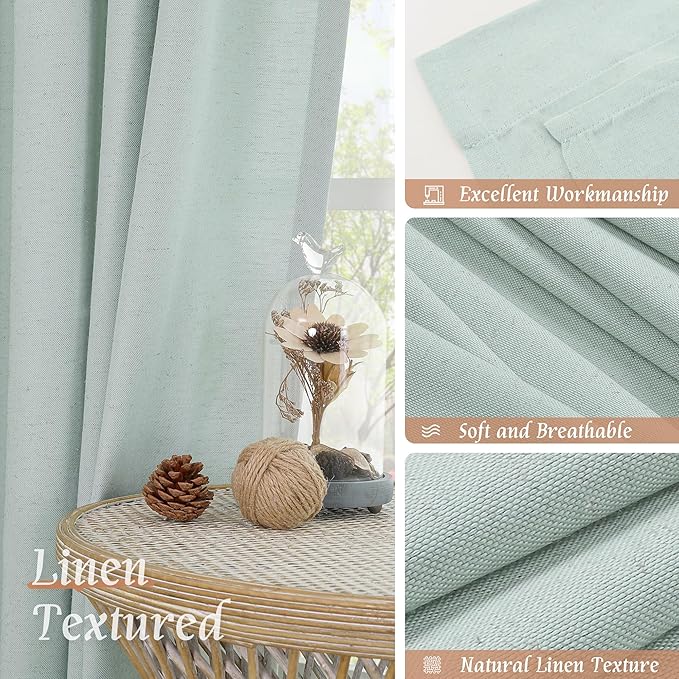 LAMIT Bedroom Linen Curtains 45 Inch Long, Light Filtering Neutral Window Curtains Farmhouse Boho Rod Pocket Room Decor Panels for Small Window/Living Room, 2 Panels, 42 x 45 Inch, Light Blue