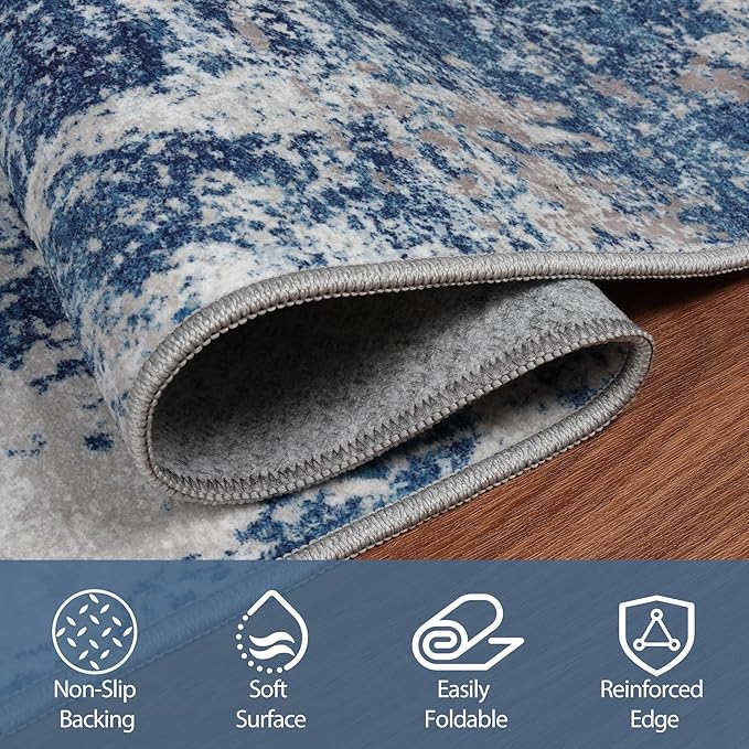 10x14 Area Rugs for Living Room Rug Washable: Abstract Large Rug Indoor Modern Carpet Non Slip for Dining Room Bedroom Nursery Home Office Blue Grey White