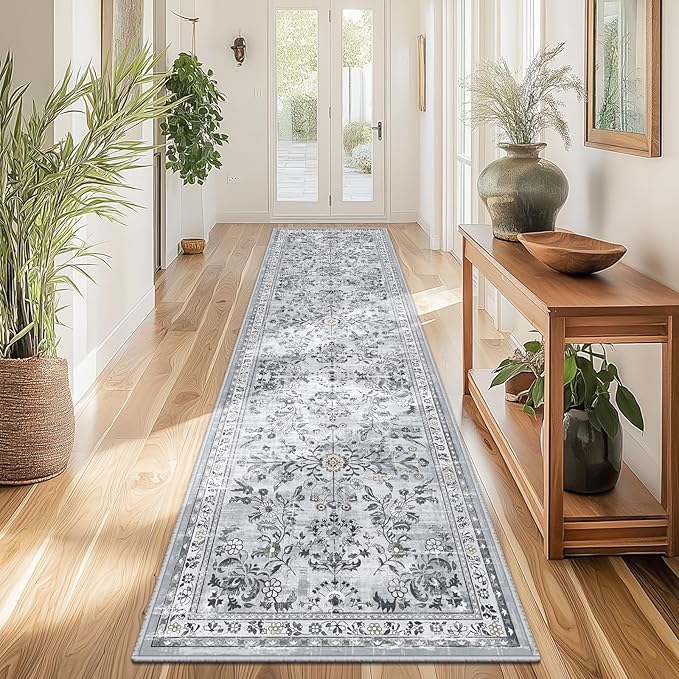 Yamaziot Washable Runner Rug 2x8 – Non Slip Boho Floral Hallway Runner Rug with Rubber Backing, Low Pile Faux Wool Distressed Carpet for Kitchen, Laundry, Bedroom, Entrance, Gray