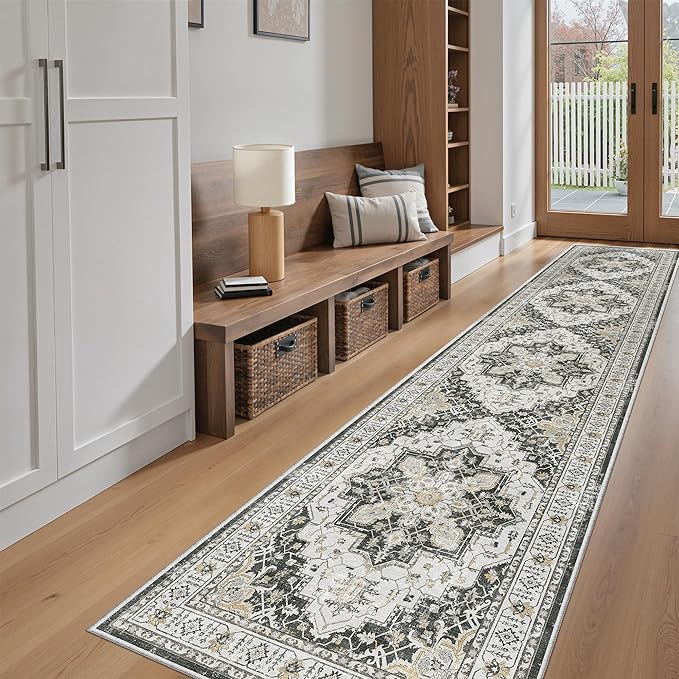 Madane Runner Rugs for Hallway 2x10 Long Washable Non-Slip Hallway Runner Rug Low-Pile Stair Kitchen Runner Soft Throw Carpet for Entrance Living Dining Laundry Room (Black, 2 x 10)