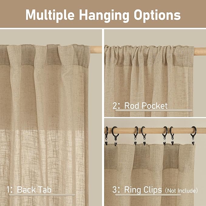 LAMIT Linen Semi Sheer Curtains 96 inches Long 2 Panels Set, Light Filtering Panels Back Tab and Rod Pocket Floor to Ceiling Curtains for Bedroom/Living Room, Brown, 52 x 96 Inch