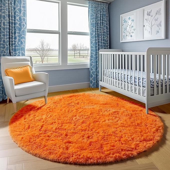 ONASAR Orange Round Rugs 5ft for Bedroom Living Room, Fluffy Circle Area Rug for Kids Girls Boys Teen, Soft Plush Shaggy Carpet for Nursery Dorm Classroom Playroom Home Decor Aesthetic