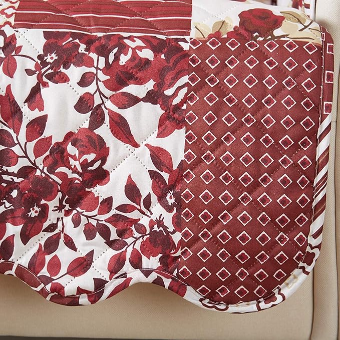Great Bay Home Reversible Patchwork Chair Cover - Washable Slipcover Furniture Protector with Elastic Straps - Perfect for Kids & Pets - Box-Stitched Detail (Burgundy)