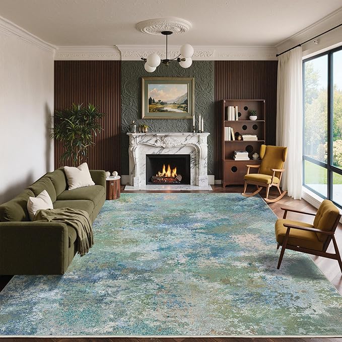 Area Rugs 8x10 for Living Room Bedroom, Modern Abstract Machine Washable Rug, Large Soft Low Pile Floor Carpet with Non Slip Backing for Dining Room, Blue Green