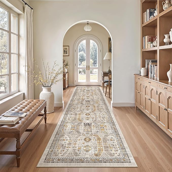 Madane Hallway Runner Rug 2'6''x10' Kitchen Runner, Non Slip Vintage Runners for Hallways Washable Kitchen Rugs Soft Low Pile 2.5x10 ft Rug Runner for Laundry Room, Entryway and Bedroom, Brown/Gold
