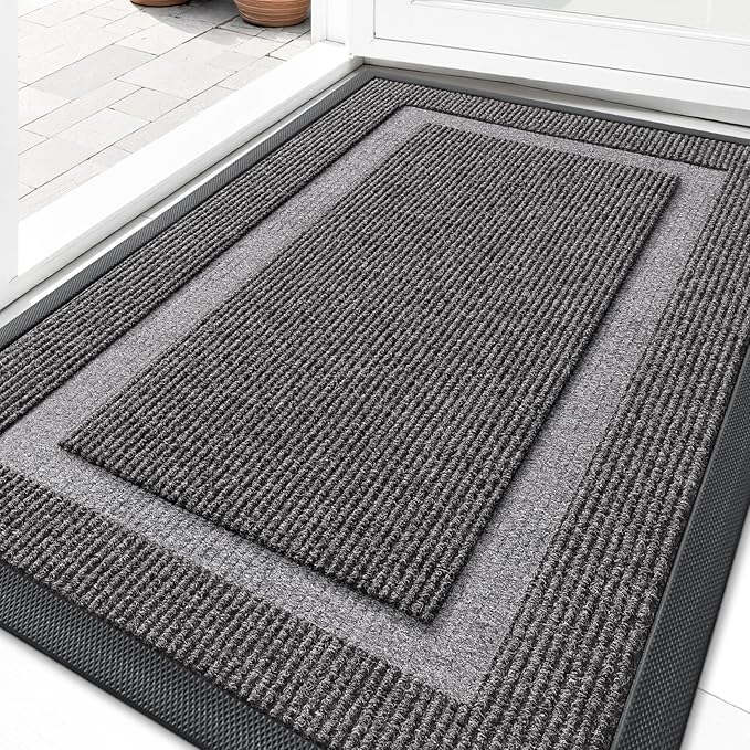 OLANLY Front Door Mat Indoor Outdoor Entrance, Waterproof All-Season, All-Weather Doormat, Sturdy Natural Rubber, Fade Resistant, Low Profile, Easy Clean Patio Porch Entryway Mat, 33x21, Dark Grey