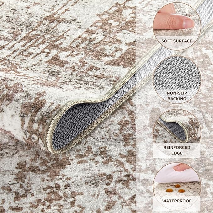 Area Rug Living Room Rugs - Washable Neutral Modern Abstract Soft Thin Rug Indoor Floor No Slip Rug Carpet for Bedroom Under Dining Table Home Office Decor - Brown/Grey/Red - 6x9