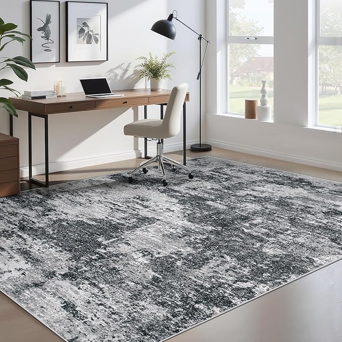 Area Rugs 6x9 for Living Room: Washable Rug Modern Abstract Neutral Soft Non-Slip Low-Pile Indoor Carpet for Bedroom Dining Room Playroom Home Office (Black Grey, 6'x9')