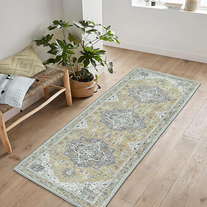 Yellow Area Rug Runner 2.5 x 10 ft, Machine Washable Polyester