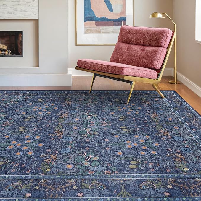 Dark Navy Blue Living Room Rug 5x7 Area Rug - Vintage Floral Forest Washable Mat for Dining Room, Bedroom, Low Pile Non Slip Stain Resistance Distressed Retro Indoor Boho Carpet