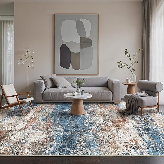 Area Rugs 6x9 for Living Room Bedroom, Modern Abstract Machine Washable Rug, Large Soft Low Pile Floor Carpet with Non Slip Backing for Dining Room, Blue/Brick