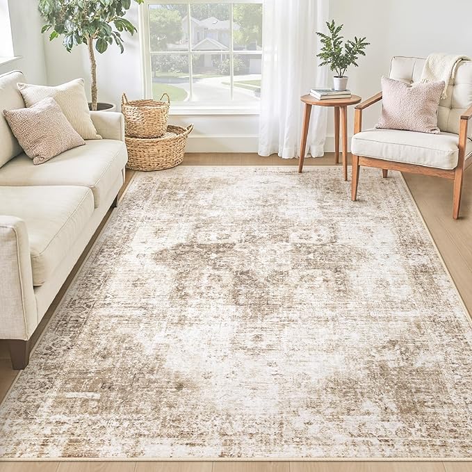Area Rug 4x6 Washable Rug, Vintage Boho Medallion Rugs Non-Slip Soft Low Pile Distressed Rug Indoor Retro Carpet for Living Room Bedroom Dining Room Home Office (Brown, 4'x6')