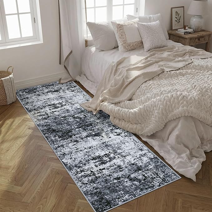 2.6'x8' Runner Rug Washable Rug;Modern Abstract Soft Thin Runner Rug Black