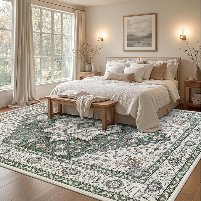 Area Rugs 9x12 Living Room Rug: Washable Rug Soft Vintage Boho Medallion Carpet Indoor Non-Slip Stain Resistant Large Carpets for Bedroom Dining Room Farmhouse Nursery Home Office Green Ivory