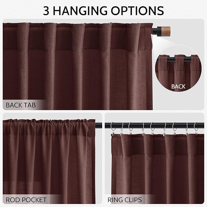 Nanspring Reddish Brown Linen Blend Light Filtering Back Tab Curtains 108 Inches Long, Semi Sheer Privacy Drapes for Living Room & Bedroom, 52x108 inch, 2 Panels