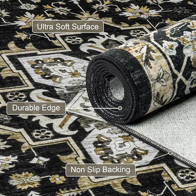 Area Rugs 9x12 Living Room Rug: Washable Rug Soft Vintage Boho Medallion Carpet Indoor Non-Slip Stain Resistant Large Carpets for Bedroom Dining Room Farmhouse Nursery Home Office Black Gold