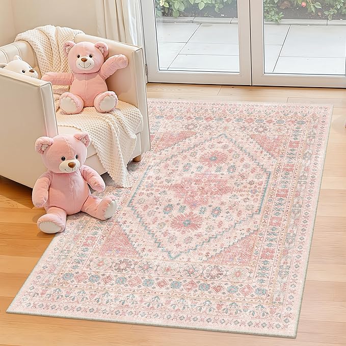 zesthome Pink Rug - 4x6 Area Rugs for Bedroom, Stain Resistant Washable Rugs for Nursery Room, Living Room, Home Decor, Girls Rug (Pink/Blue,4'x6')