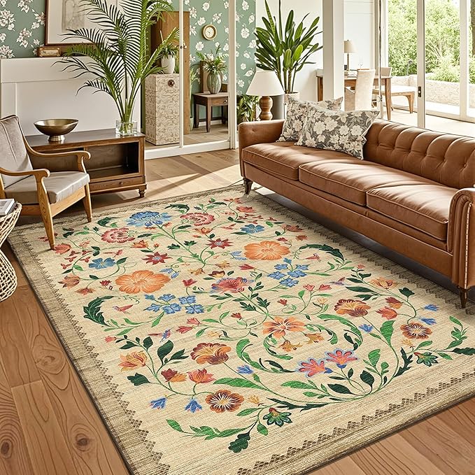 GarveeHome Washable Rug 8x10 Area Rugs for Living Room, Floral Rug for Bedroom, Soft Vintage Non Slip Throw Rugs with Rubber Back, Low Pile Stain Resistant Boho Floral Carpet for Dining Room, Beige