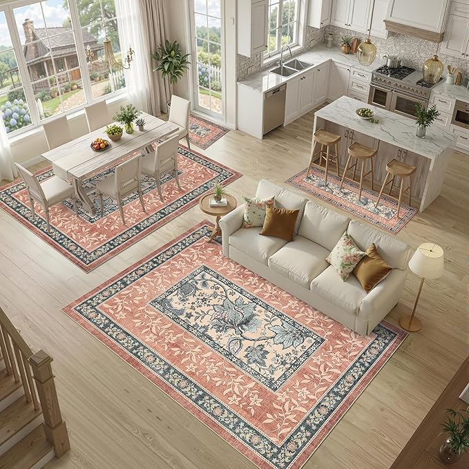 GarveeHome Terracotta Teal Area Rugs 9x12 Living Room, Botanical Grove Cottage core Washable Non-Slip Rug for Bedroom Dining Nursery Low-Pile Vintage Large Soft Carpet