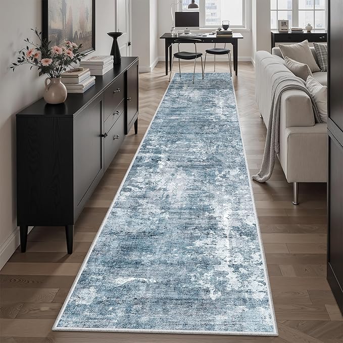Runner Rug 2x12 Washable Non-Slip Hallway Runner Rugs for Kitchen Bathroom Laundry Room Blue/Grey Vintage Floor Carpet Runners for Hallways Entryway
