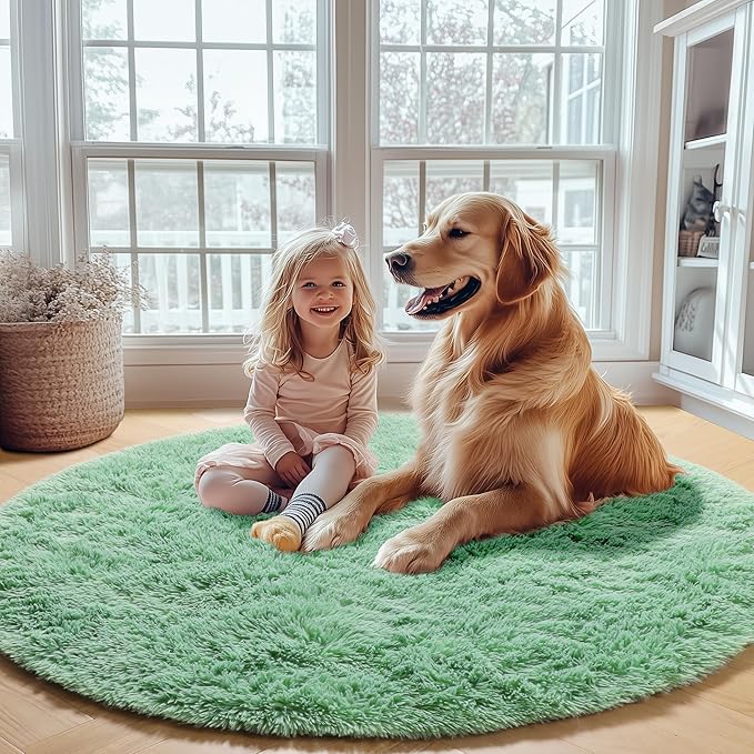 ONASAR Sage Green Round Area Rug 4ft, Fluffy Soft Bedroom Circle Rugs for Kids Girls Boys Teen Dorm Room, Cute Furry Plush Shaggy Carpet for Nursery Living Room Playroom Christmas Home Decor