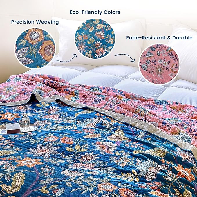 MSGKV Boho Throw Blanket for Bed 60"x80" 100% Cotton Twin Floral Blanket Spring Breathable Lightweigh Muslin Home Decorative Blankets for Couch