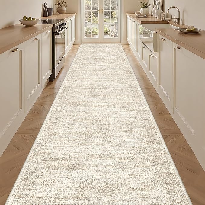 3x18 Washable Runner Rug for Hallway, Non-Slip Long Hallway Runner for Entryway, Soft Vintage Kitchen Mats for Floor, Abstract Dining Room, Bedroom, Living Room Rugs(3'x18', Beige/Ivory)