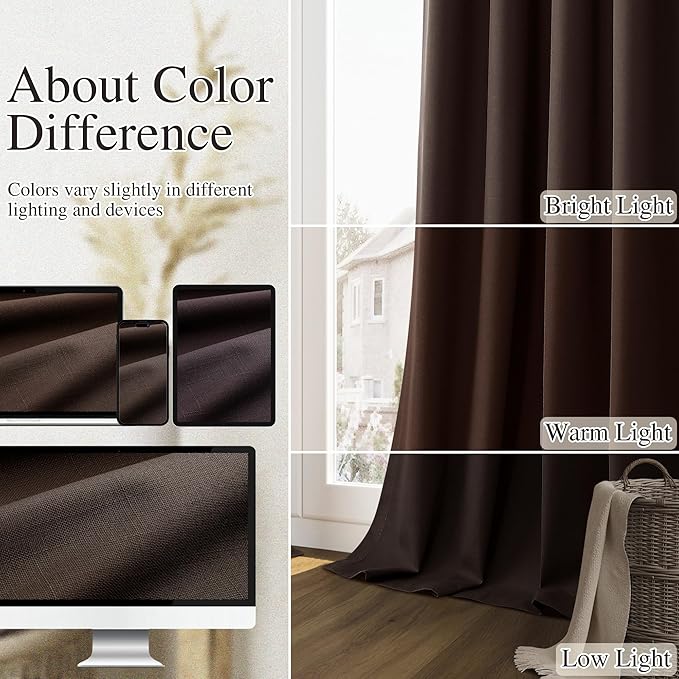 Guken Brown 100% Blackout Curtains 63 Inch Length 2 Panels Set for Living Room Bedroom Back Tab Thermal Insulated Black Out Linen Drapes Room Darkening Window Curtains 52 Inches Width