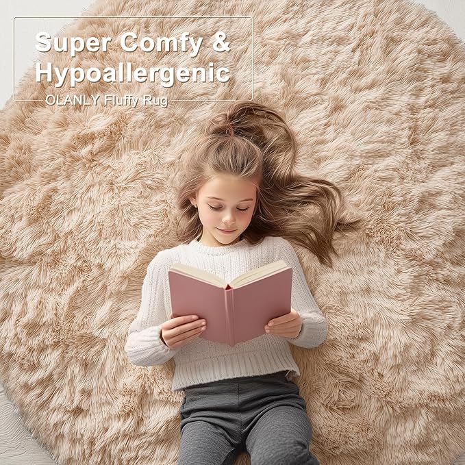 OLANLY Beige Round Rugs for Bedroom - Machine Washable, 2 ft Circle Area Rugs for Living Room, Soft and Fluffy Shaggy Carpet for Teen Girls and Boys, Nursery Rooms, Dorms, Home Decor Aesthetic