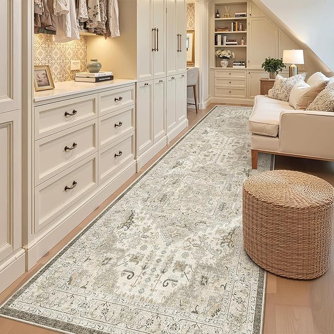 Madane Hallway Rug 3x10, Kitchen Rugs Washable Entryway Rug Vintage Kitchen Runners Non Slip Indoor Area Rug Farmhouse Carpet Runner for Bathroom Living Room Bedroom, Ivory/Brown