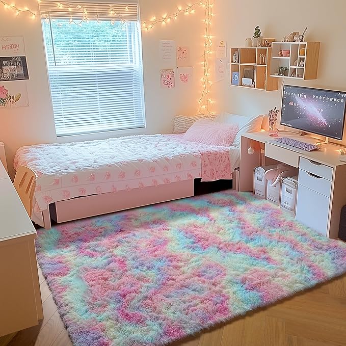 ONASAR Rainbow Area Rugs for Girls Bedroom, 4x6 Fluffy Bedside Colorful Rug, Cute Soft Plush Shaggy Princess Fuzzy Indoor Floor Carpet for Nursery Kids Baby Teen Dorm Playroom Home Decor Aesthetic