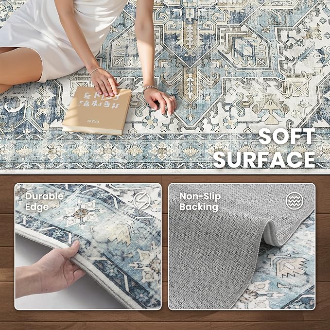 zesthome 8x10 Area Rugs-Washable Rug for Living Room, Non-Slip Backing Rugs, Stain Resistant 8x10 Rug for Bedroom, Ultra-Thin Low Pile Rugs, Vintage Large Home Decor