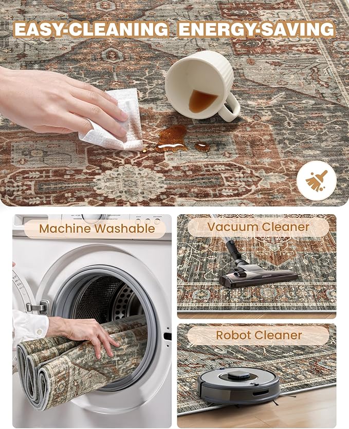 Runner Rug 2x8 Runners for Hallways Non Slip Washable, Vintage Hallway Runner Rugs for Living Room, Low Pile Soft Hallway Rug for Kitchen Bedroom Laundry Room Rug(Grey/Brown/Tan,2'x8')