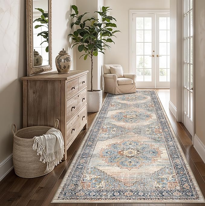 3x10 Hallway Washable Runner Rug: Kitchen Rugs Entryway Runners Soft Floor Mat Non Slip Indoor Carpet for Bathroom Living Room Bedroom (Blue, 3x10)