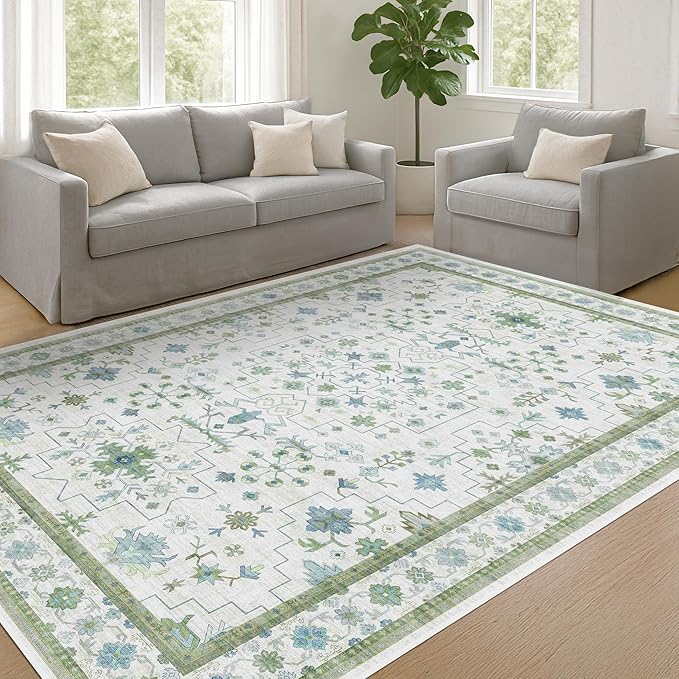 Hazo Haus Oushak Area Rug for Bedroom 5x7 - Blue and Green Vintage Boho Floral Geometric, Washable Low Pile Non Slip Area Rugs for Nursery Room, Foyer, Cozy Aesthetic Room Decor