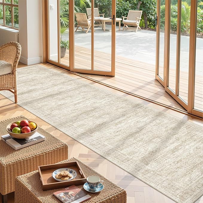 Long Bathroom Rugs Runner - Washable Runner Rugs for Hallway 2x10, Ultra-Thin Soft Kitchen Carpet Runner, Anti Slip Backing Runner Rugs for Entrance, Bedroom, Living Room(2'x10', Beige/Ivory)