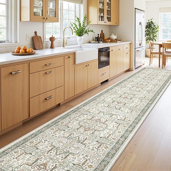 Hallway Washable Runner Rug 2x12 - Non Slip Vintage Kitchen Runner Rugs for Entryway Low-Pile Waterproof Long Runners for Living Room Bedroom Medallion Indoor Floor Mat for Bathroom Laundry Green