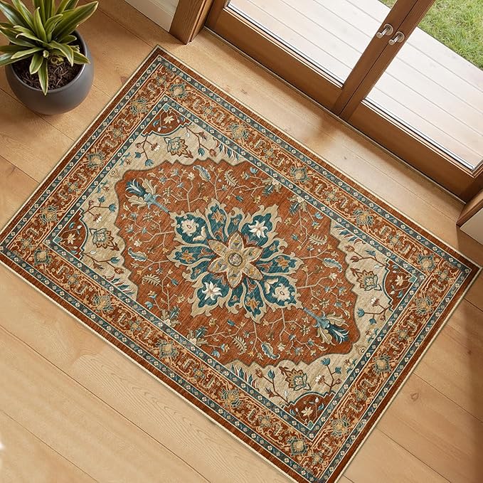 Area Rugs 2'x3' Kitchen Rugs Entry Rug Small Rugs for Entryway Kitchen Bathroom Door Mat Indoor Entrance,Washable Non Slip, Red Orange Blue Brown
