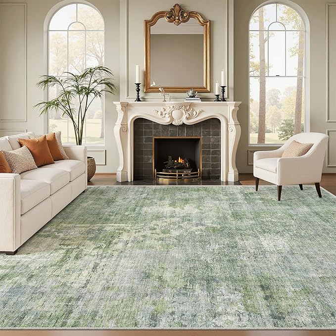 9x12 Area Rugs for Living Room, Non-Slip Machine Washable Vintage Rugs, Abstract Low Pile Lightweight Large Rug for Bedroom, Dining Room, Home Office Green Ivory