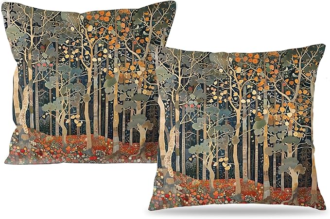 Rustic Autumn Forest Pillow Covers 18x18 Set of 2, Fall Home Room Decor, Vintage Botanical Nature William Morris Inspired Decorative Throw Pillow Covers for Home Bedroom Living Room